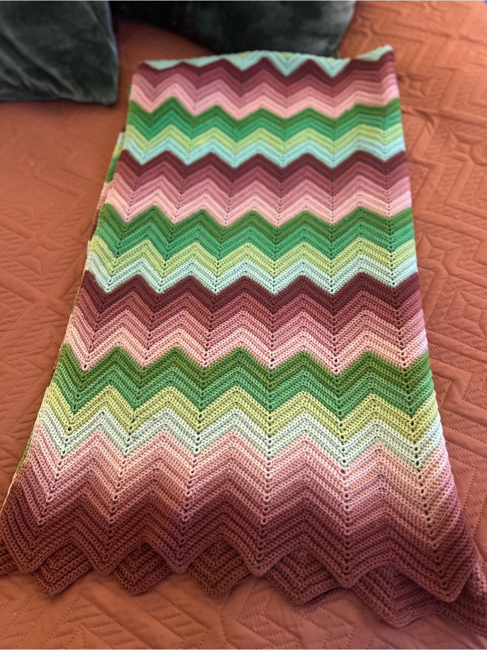 Vintage Handmade Chevron Crochet Throw in Greens and Pinks